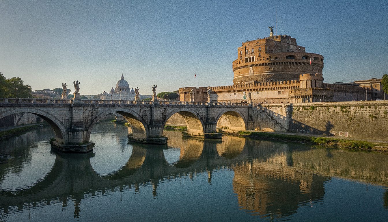De ronde Engelenburcht aan de Tiber in Rome met de engelenbrug op de voorgrond