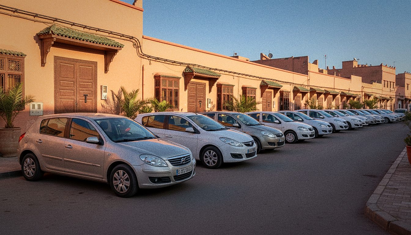 Geparkeerde huurauto's langs een straat in de buurt van het centrum van Marrakech